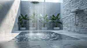 Shower with standing water and modern rainfall showerhead, featuring lush plants in a contemporary bathroom setting.