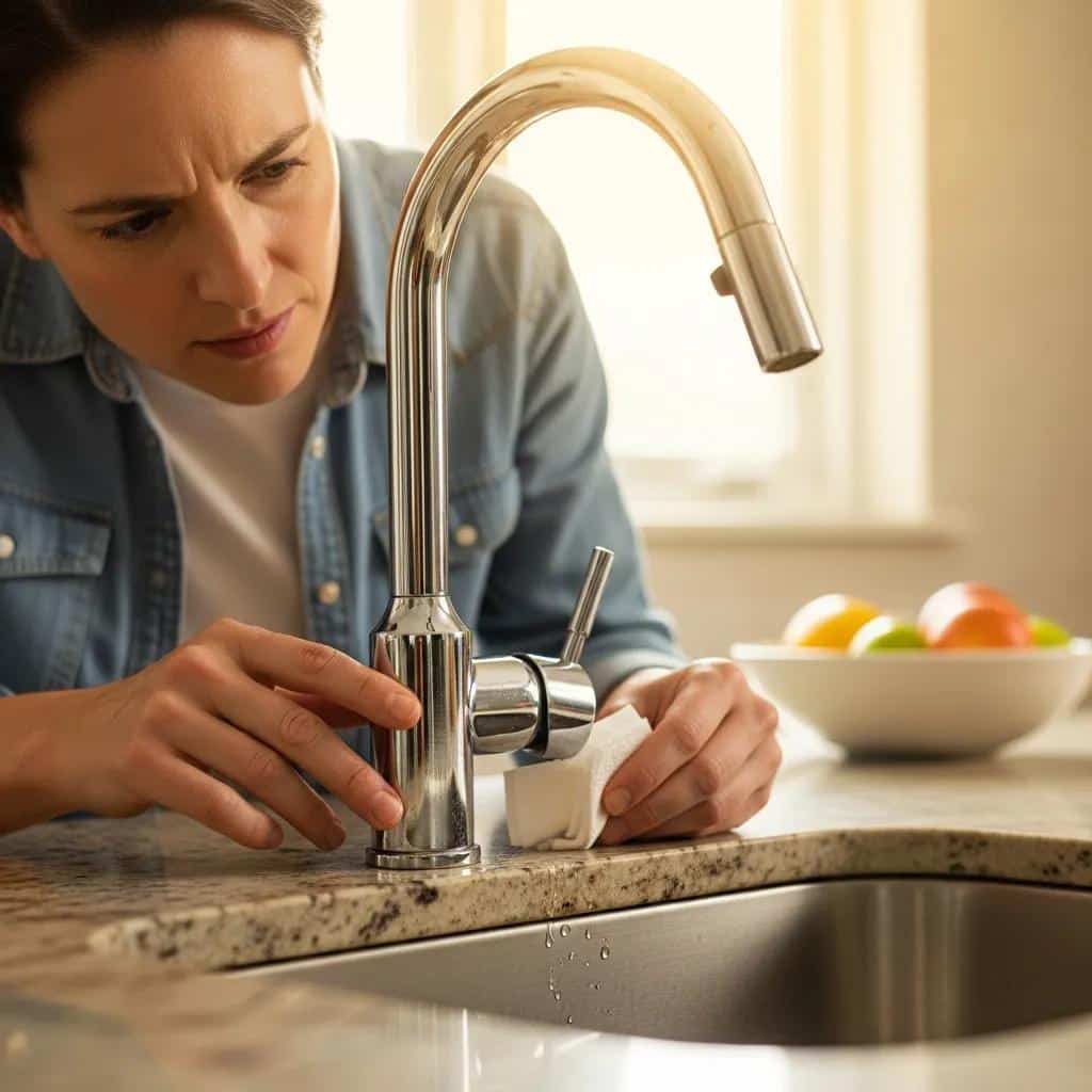 Homeowner inspecting kitchen faucet for leaks, emphasizing early detection methods, with water droplets visible on the countertop.