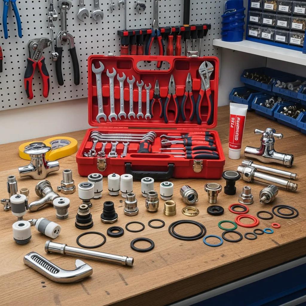 Plumbing toolkit with faucet repair parts, wrenches, and seals illustrating typical costs for kitchen and bathroom faucet repairs.